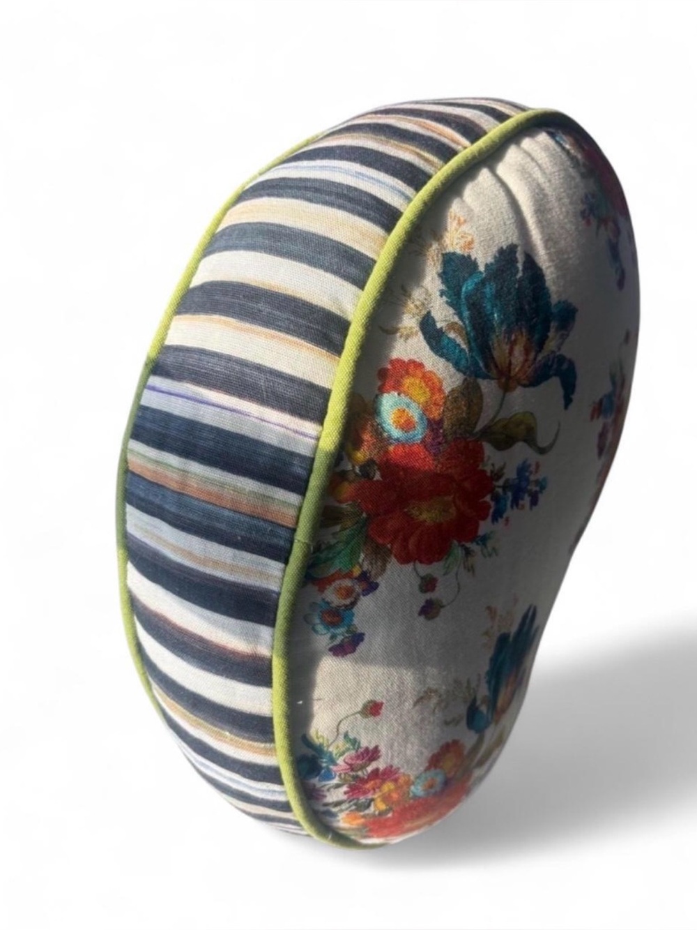 LAST ONE Mackenzie Childs Flower Market Stripe Round Accent Pillow in Green Trim